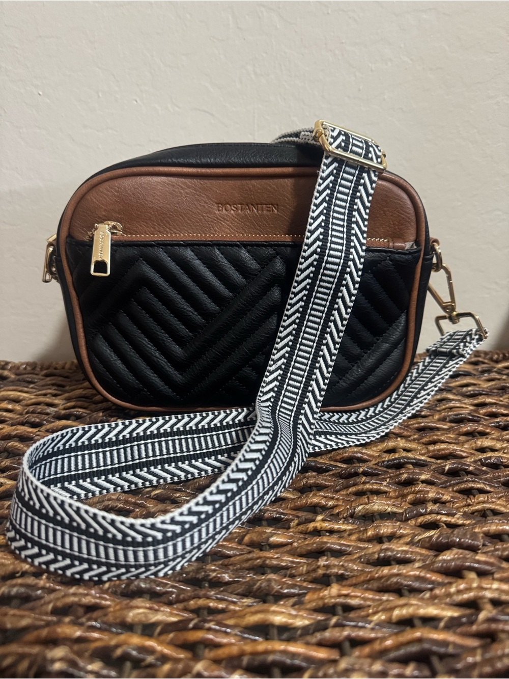 Bostanten Black and Brown Quilted Crossbody with Patterned Strap - Picture 2 of 12